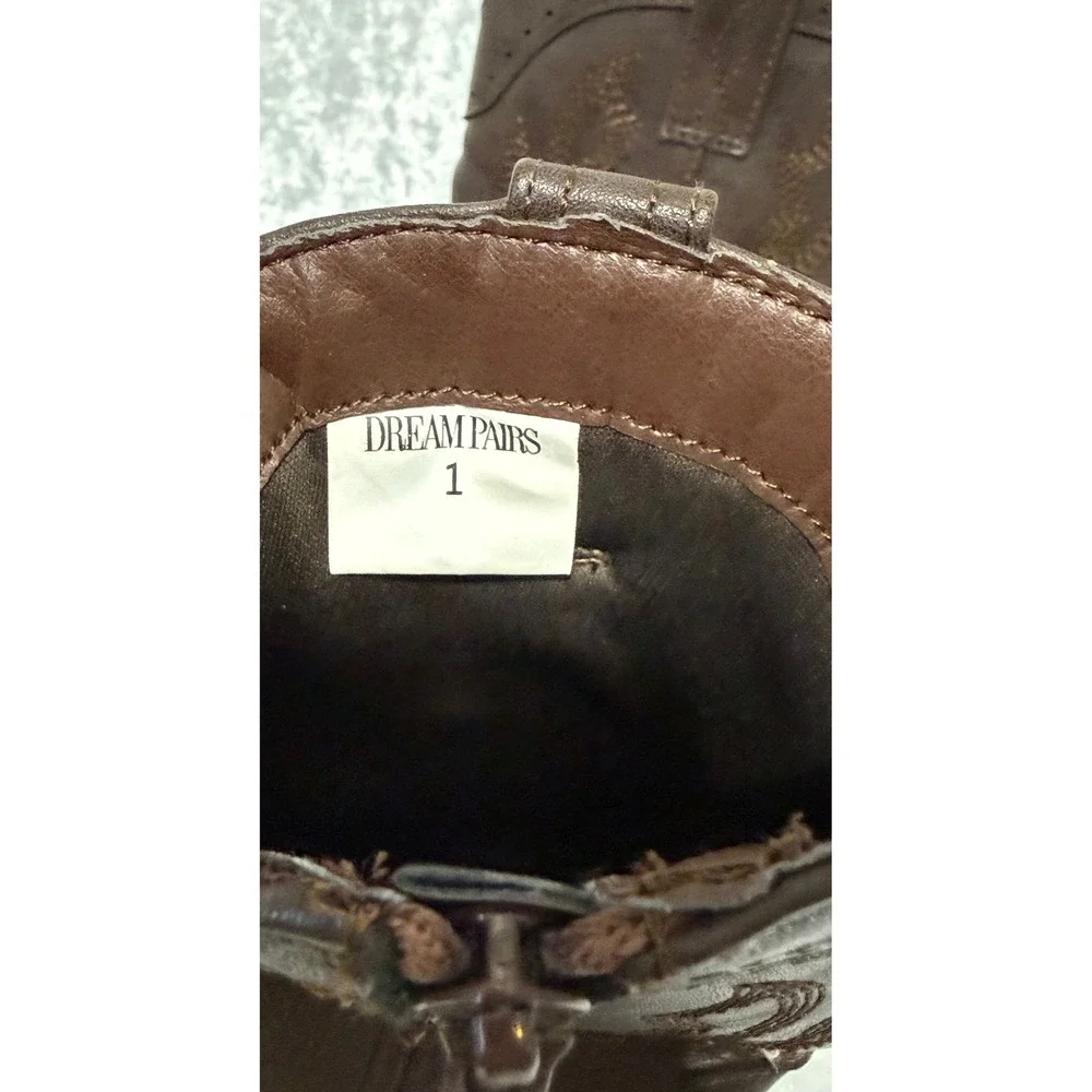 Dream Pairs Girls Dark Brown Western Cowboy Boots Side Zipper Embroidered Size 1